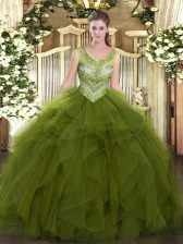 Ideal Olive Green Tulle Lace Up Sweet 16 Dresses Sleeveless Floor Length Beading and Ruffles