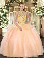 New Style Halter Top Sleeveless Lace Up Quince Ball Gowns Peach Organza