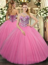  Rose Pink Tulle Lace Up 15 Quinceanera Dress Sleeveless Floor Length Beading