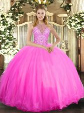 Dramatic Rose Pink Halter Top Neckline Beading 15 Quinceanera Dress Sleeveless Lace Up