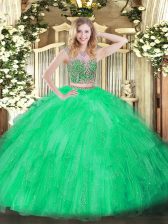 Pretty Scoop Sleeveless Sweet 16 Dresses Floor Length Beading and Ruffles Green Tulle