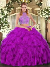 Customized Fuchsia Sleeveless Organza Criss Cross 15th Birthday Dress for Military Ball and Sweet 16 and Quinceanera