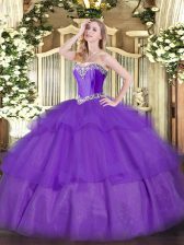 Sumptuous Lavender Sleeveless Floor Length Beading and Ruffled Layers Lace Up Sweet 16 Dress