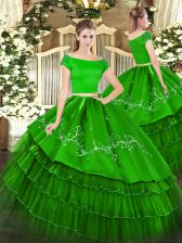 Captivating Off The Shoulder Short Sleeves Ball Gown Prom Dress Floor Length Embroidery and Ruffled Layers Green Organza and Taffeta
