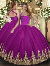  Fuchsia Sleeveless Tulle Lace Up Ball Gown Prom Dress for Military Ball and Sweet 16 and Quinceanera