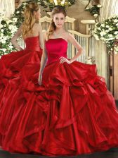 Custom Design Floor Length Red Vestidos de Quinceanera Strapless Sleeveless Lace Up