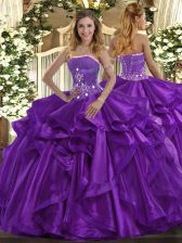 Fine Floor Length Purple 15 Quinceanera Dress Organza Sleeveless Beading and Ruffles