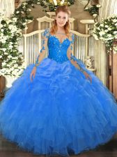 Free and Easy Blue Scoop Neckline Lace and Ruffles Vestidos de Quinceanera Long Sleeves Lace Up