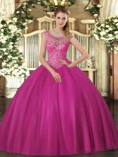  Fuchsia Lace Up Scoop Beading Quinceanera Gown Tulle Sleeveless