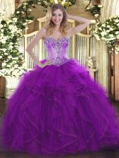 Inexpensive Eggplant Purple Ball Gowns Sweetheart Sleeveless Organza Floor Length Lace Up Beading and Ruffles Quinceanera Dresses