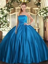 Cheap Floor Length Blue Quinceanera Dresses Satin Sleeveless Ruching