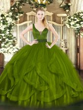 Deluxe Tulle Straps Sleeveless Zipper Beading and Ruffles Quinceanera Dress in Olive Green