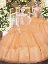  Orange Off The Shoulder Lace Up Beading and Ruffled Layers Quince Ball Gowns Sleeveless