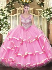  Sleeveless Floor Length Beading and Ruffles Lace Up Quinceanera Gowns with Lilac
