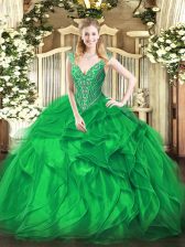Smart Floor Length Lace Up 15 Quinceanera Dress Green for Military Ball and Sweet 16 and Quinceanera with Beading and Ruffles