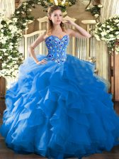 Exceptional Blue Lace Up Sweetheart Embroidery and Ruffles Sweet 16 Quinceanera Dress Organza Sleeveless