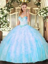  Aqua Blue Ball Gowns Sweetheart Sleeveless Organza Floor Length Lace Up Beading and Ruffles Ball Gown Prom Dress