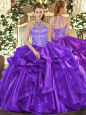  Beading and Embroidery and Ruffles Sweet 16 Dress Purple Lace Up Sleeveless Floor Length