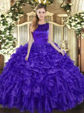  Purple Sweet 16 Quinceanera Dress Military Ball and Sweet 16 and Quinceanera with Ruffles Scoop Sleeveless Lace Up