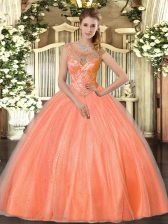  Scoop Sleeveless Lace Up Quinceanera Dresses Orange Red Tulle
