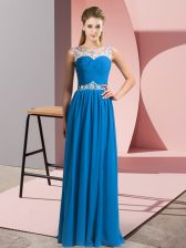 Custom Made Blue Sleeveless Beading Floor Length Prom Gown