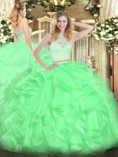 Nice Apple Green Two Pieces Organza Scoop Sleeveless Lace and Ruffles Floor Length Zipper Quinceanera Dresses