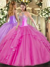 Comfortable Sleeveless Tulle Floor Length Lace Up Quinceanera Gowns in Fuchsia with Beading and Ruffles