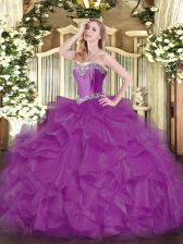 Simple Sweetheart Sleeveless Organza Ball Gown Prom Dress Beading and Ruffles Lace Up