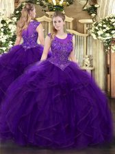 Artistic Floor Length Purple Sweet 16 Quinceanera Dress Organza Sleeveless Beading and Ruffles