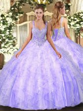 Custom Design Lavender Straps Lace Up Beading and Ruffles 15 Quinceanera Dress Sleeveless