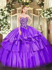  Floor Length Lace Up Quinceanera Gown Purple for Military Ball and Sweet 16 and Quinceanera with Beading and Ruffled Layers