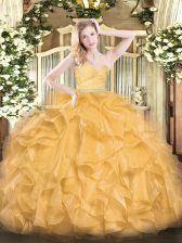  Organza Sweetheart Sleeveless Zipper Beading and Lace and Ruffles 15th Birthday Dress in Gold