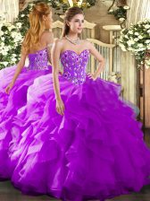 Customized Sweetheart Sleeveless Quince Ball Gowns Floor Length Embroidery and Ruffles Purple Organza