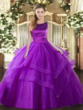 Stunning Sleeveless Tulle Floor Length Lace Up Quince Ball Gowns in Eggplant Purple with Ruffled Layers