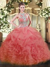 Modest Watermelon Red Sleeveless Floor Length Beading Lace Up Quinceanera Gowns
