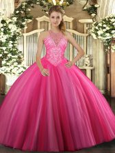 Sophisticated Hot Pink Sleeveless Beading Floor Length 15th Birthday Dress