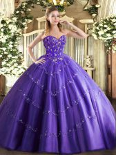 Pretty Sleeveless Tulle Floor Length Lace Up Quinceanera Dress in Purple with Appliques and Embroidery