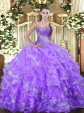Deluxe Lavender Sleeveless Floor Length Beading and Ruffled Layers Lace Up Quince Ball Gowns