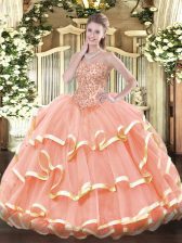 Vintage Peach Ball Gowns Appliques and Ruffled Layers 15th Birthday Dress Lace Up Organza Sleeveless Floor Length