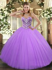 High Quality Lavender Tulle Lace Up Sweet 16 Dress Sleeveless Floor Length Beading