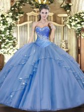 Colorful Aqua Blue Tulle Lace Up Vestidos de Quinceanera Sleeveless Floor Length Beading and Ruffles