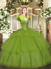 Wonderful Floor Length Lace Up Ball Gown Prom Dress Olive Green for Military Ball and Sweet 16 and Quinceanera with Beading and Ruffled Layers