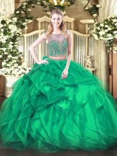  Sleeveless Organza Floor Length Lace Up Sweet 16 Dresses in Turquoise with Beading and Ruffles