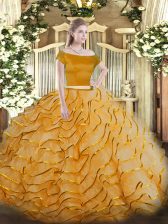  Orange Two Pieces Appliques and Ruffled Layers Quinceanera Gown Zipper Tulle Short Sleeves