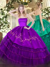  Strapless Sleeveless Quinceanera Dresses Floor Length Embroidery and Ruffled Layers Purple Organza and Taffeta