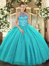  Floor Length Aqua Blue 15th Birthday Dress Halter Top Sleeveless Lace Up