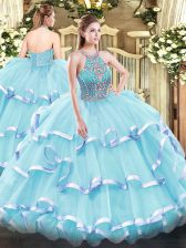  Sleeveless Floor Length Beading and Ruffled Layers Lace Up Sweet 16 Dresses with Aqua Blue