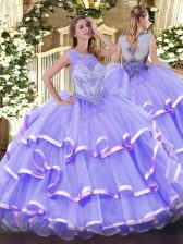 Flare Lavender Organza Zipper Quinceanera Gown Sleeveless Floor Length Beading and Ruffled Layers