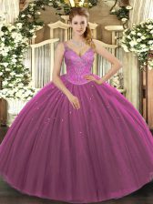  Fuchsia Sleeveless Tulle Lace Up Vestidos de Quinceanera for Military Ball and Sweet 16 and Quinceanera