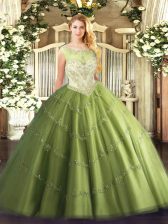  Olive Green Cap Sleeves Beading Floor Length Ball Gown Prom Dress